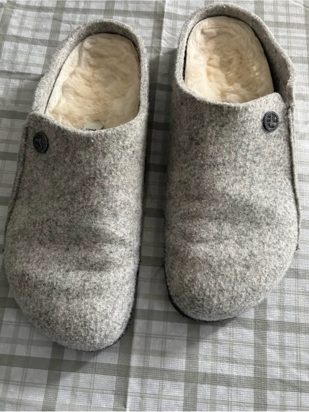 Birkenstock Wool Slip-On Slippers in Heather Gray with shearling insoles